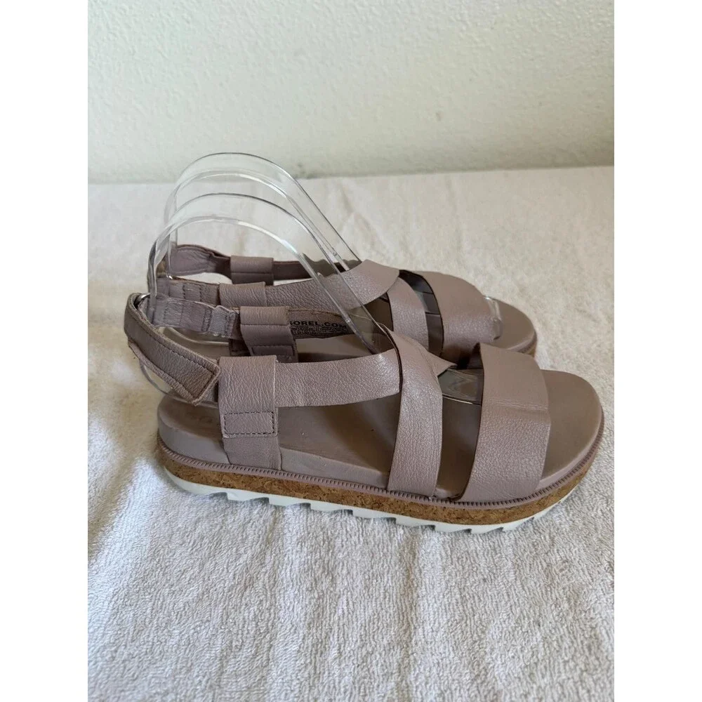Sorel Women Roaming Strappy Sandal Taupe Leather Cork Platform Size 7.5
